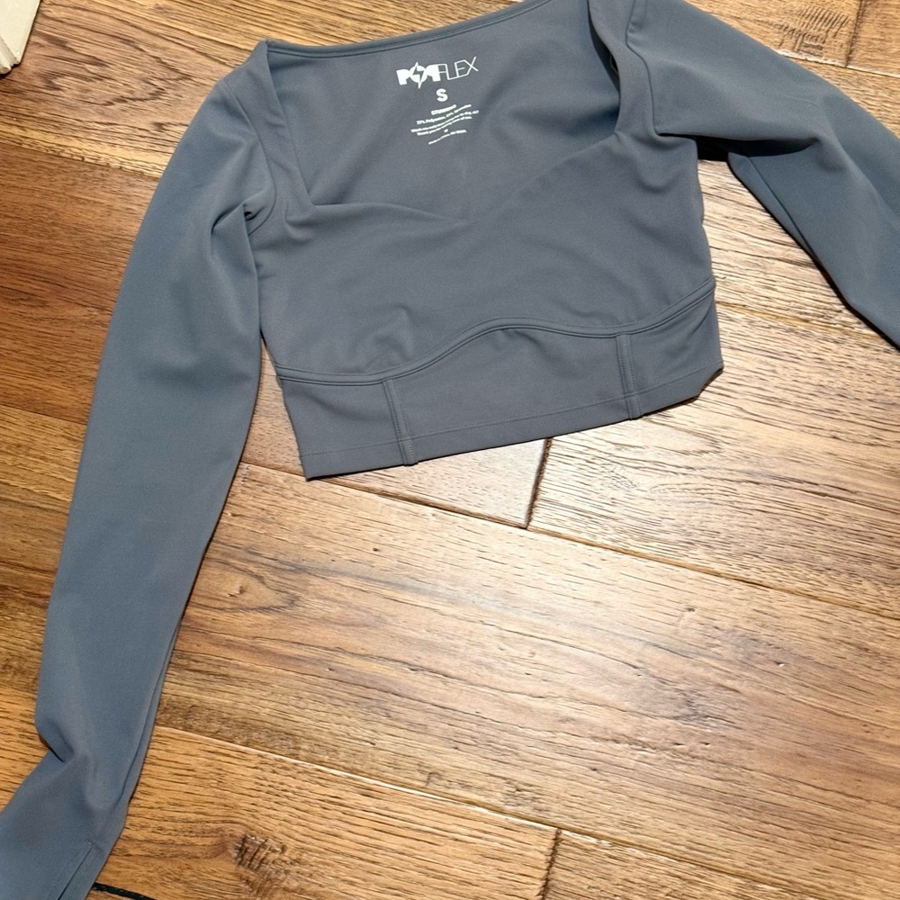 POPFLEX Blue Gray Long Sleeve Fitted Crop Bodysuit